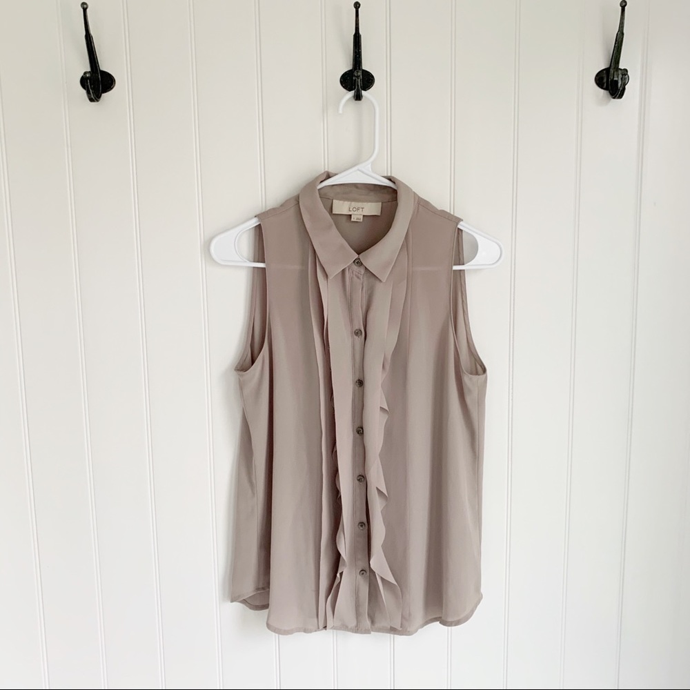 LOFT Sleeveless Ruffle Front Blouse in Taupe